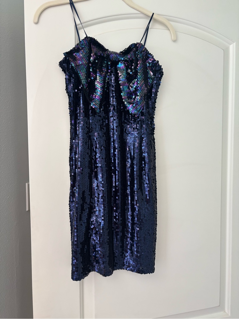Sequin Strapless Mini Dress in Iridescent Navy